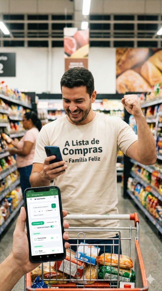 Família feliz usando o app A Lista de Compras no mercado